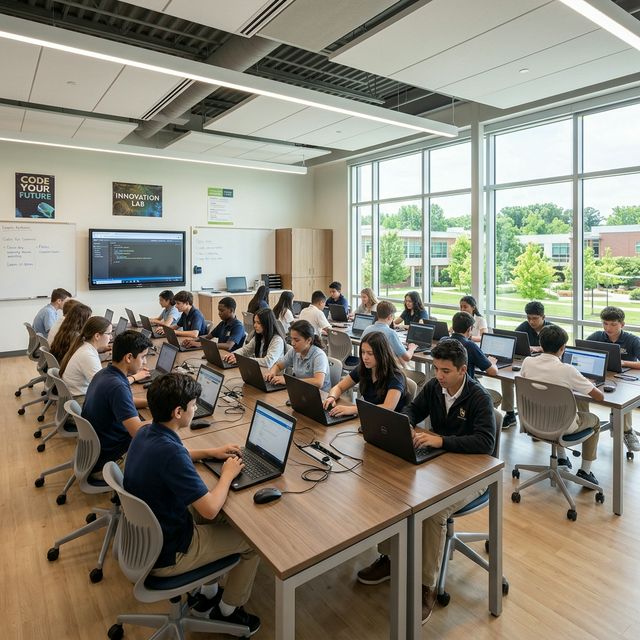 Students using laptops in a modern school lab